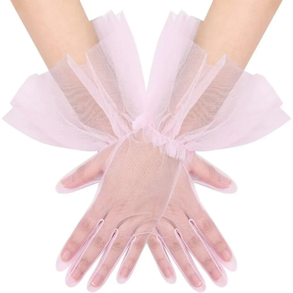 Women's Puffy Ruffle Pink Tulle Sheer Mesh Party Prom One Size Short Gloves
